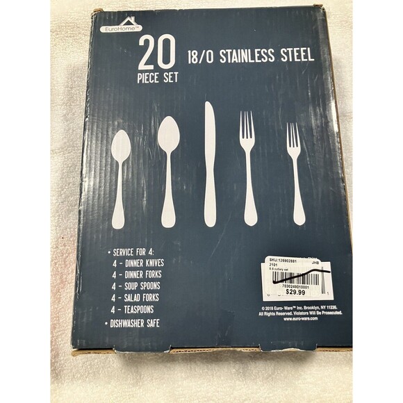 NIB EuroHome 20 pc - 18/0 Stainless Steel - Flatware Set Cutlery Eating Utensils - Picture 2 of 3